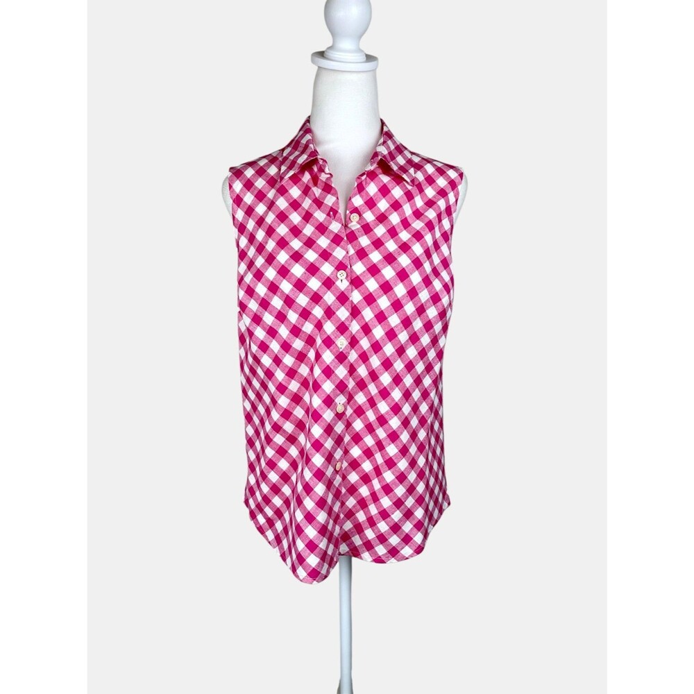 Vintage 90s Talbots Pink Gingham Linen Cotton Sleeveless Shirt Preppy Coastal S